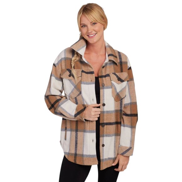 WoolX Sawyer Shacket Women's Size XL Merino Wool Blend Camel Plaid Boucle - Picture 1 of 10